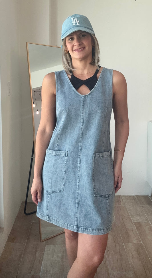 Tanya Denin Buckle Overall Dress