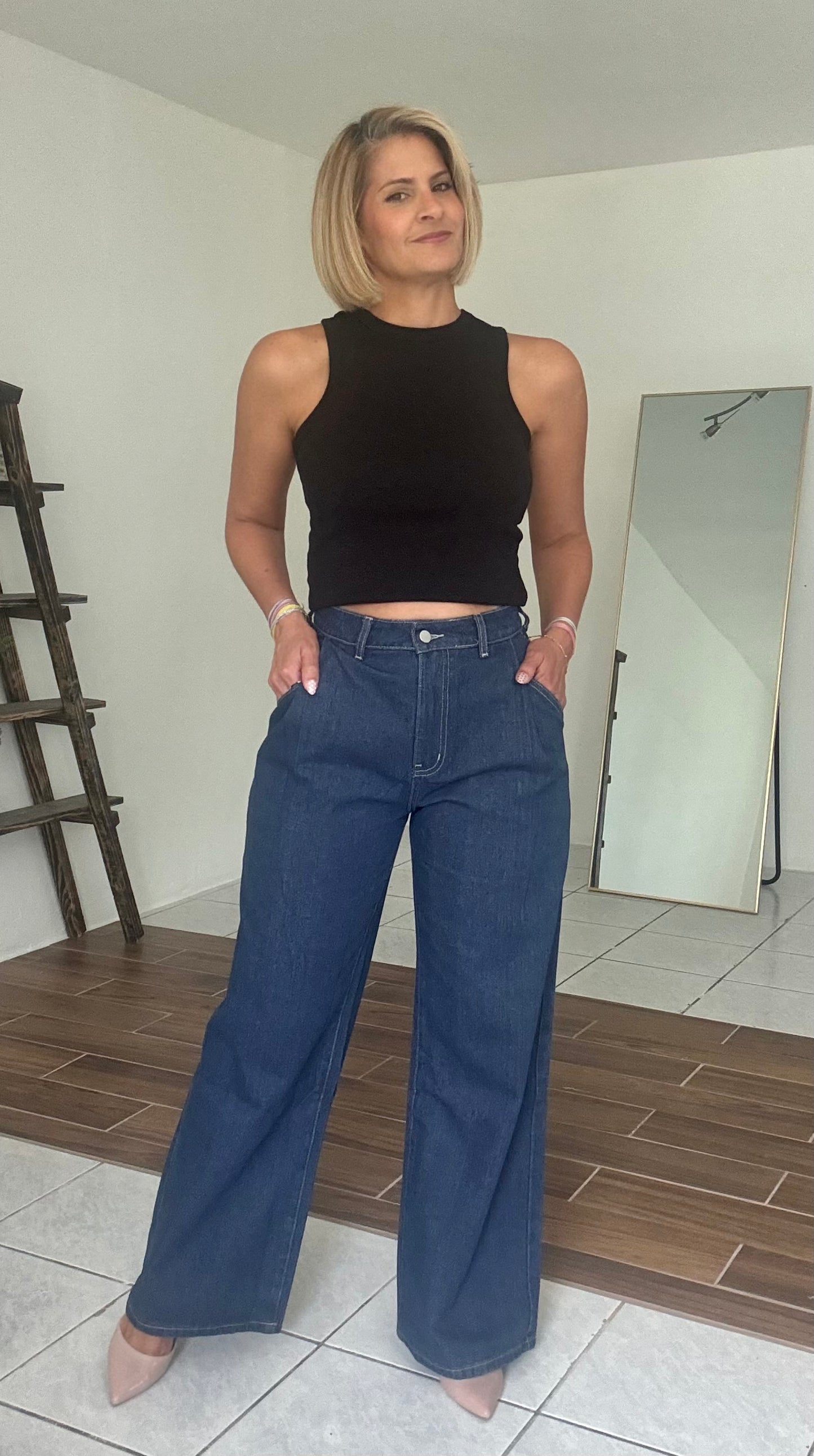 Denim Pintuck Wide Leg Jean Pants