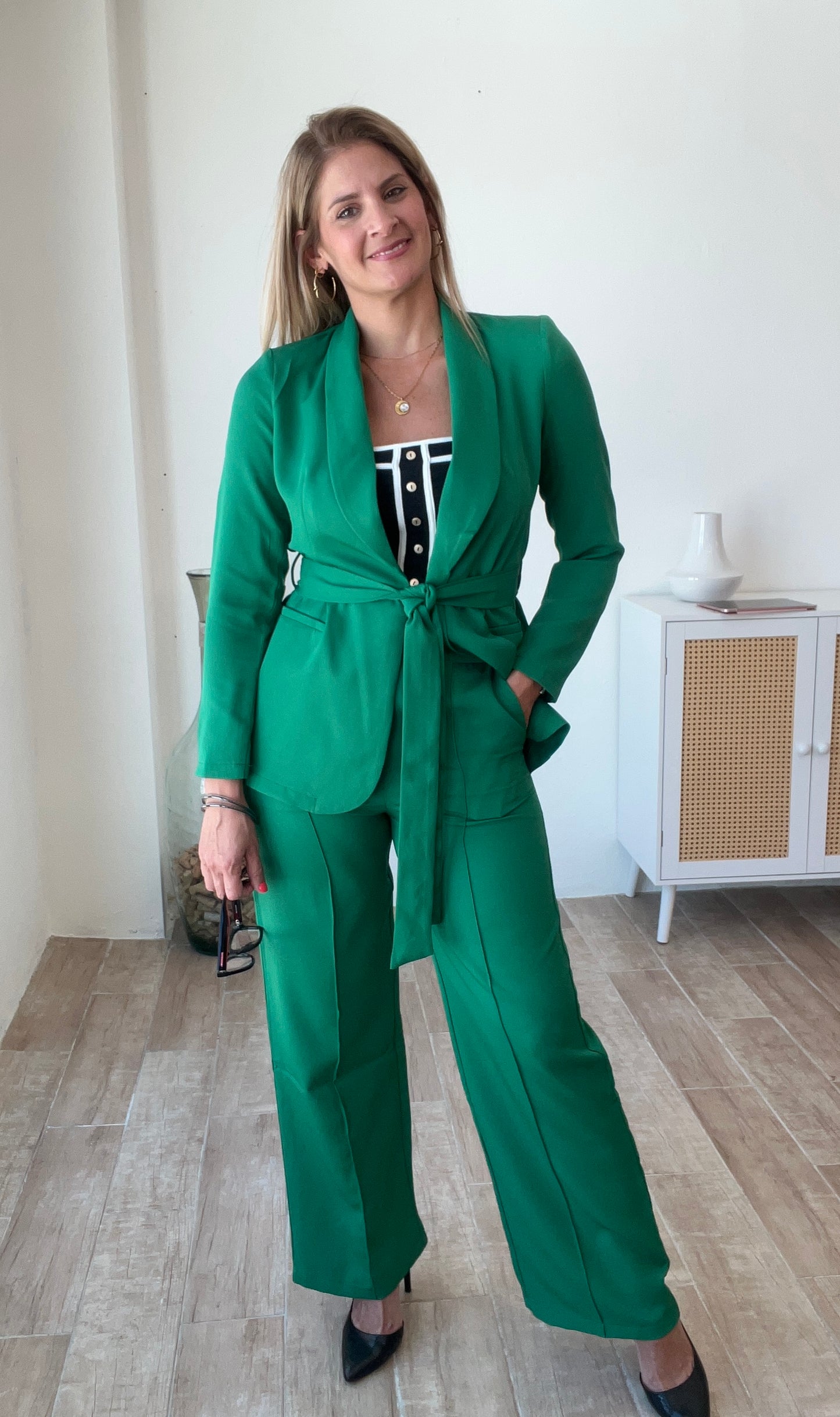 Kelly Green Waist Tie Blazer Set