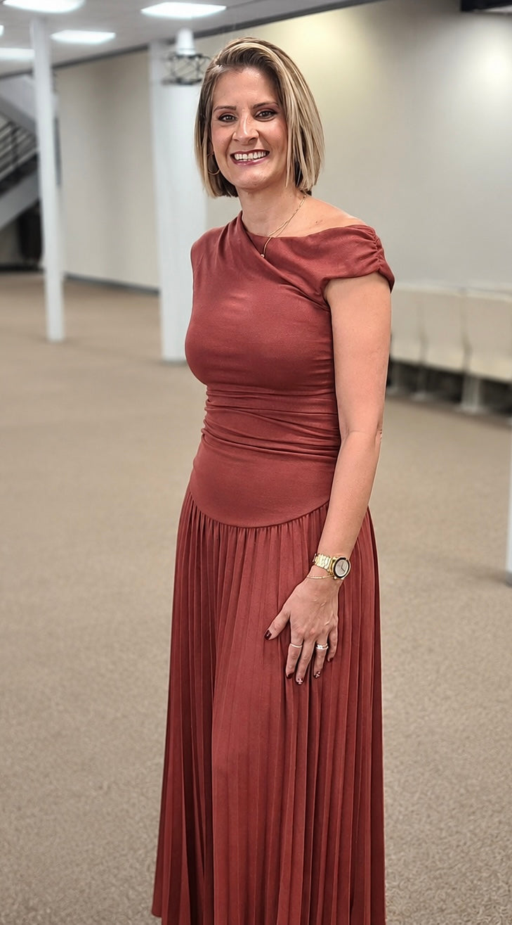 Rust Pleated Stretch Dress