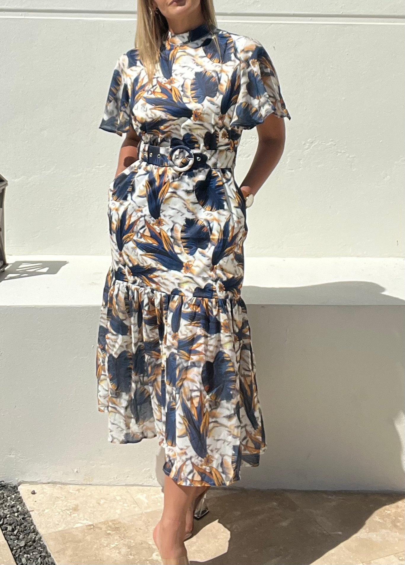 Blue Monstera Romantic Midi Dress