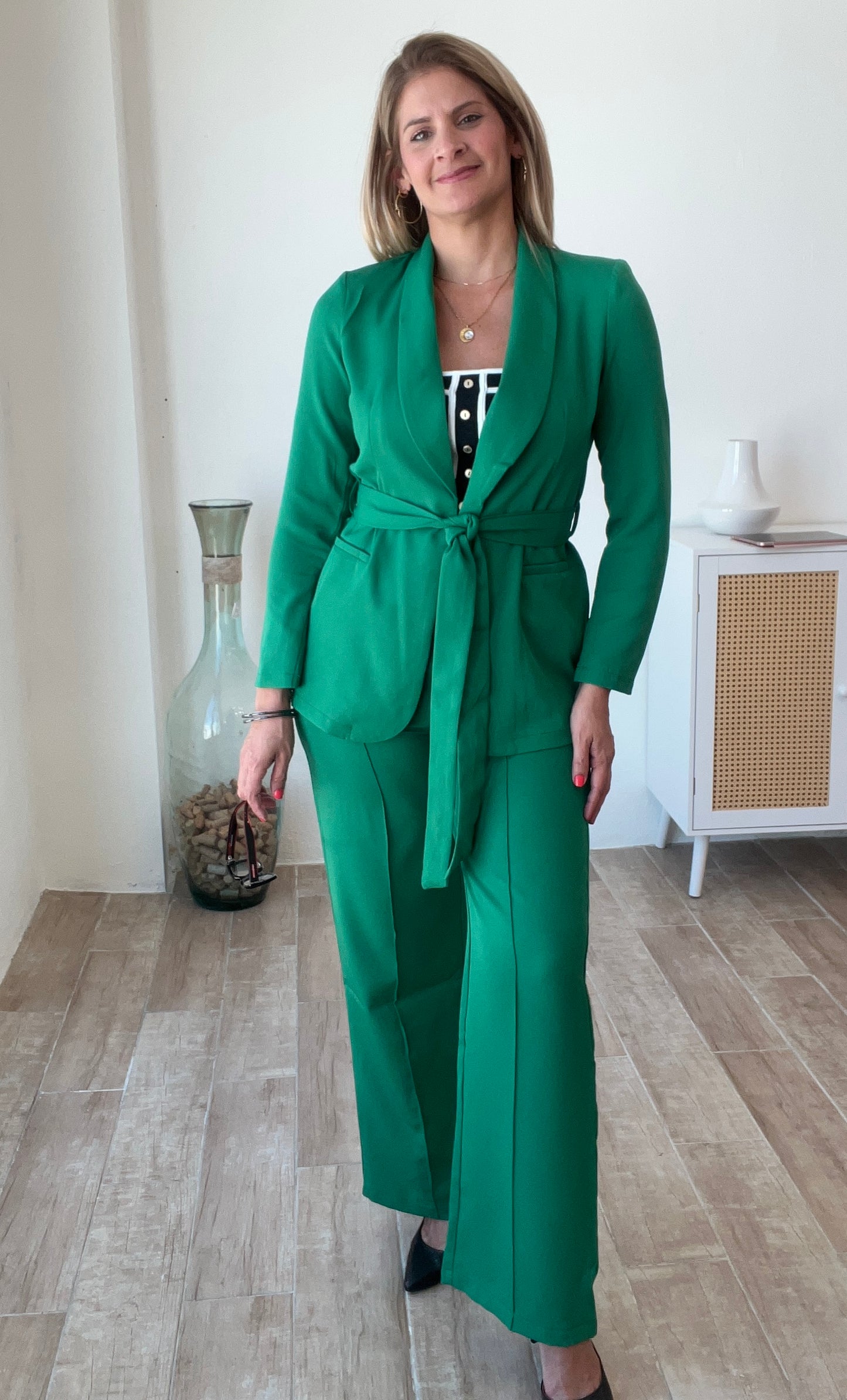 Kelly Green Waist Tie Blazer Set