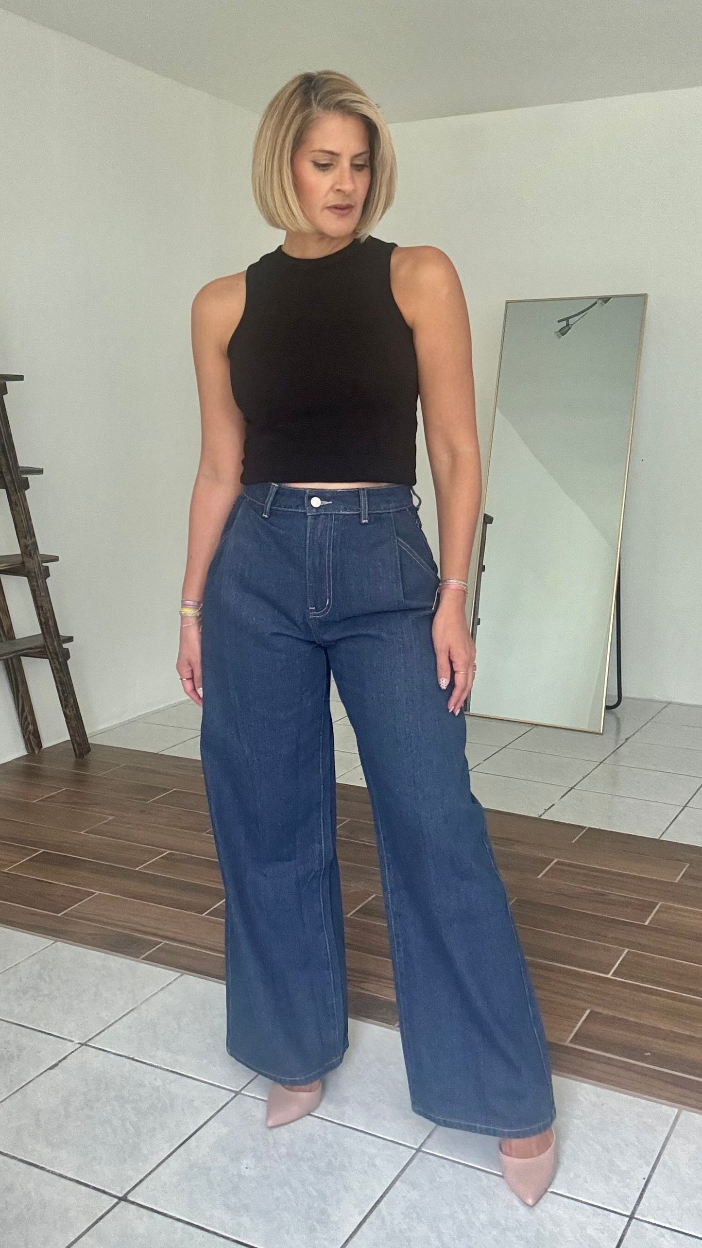 Denim Pintuck Wide Leg Jean Pants