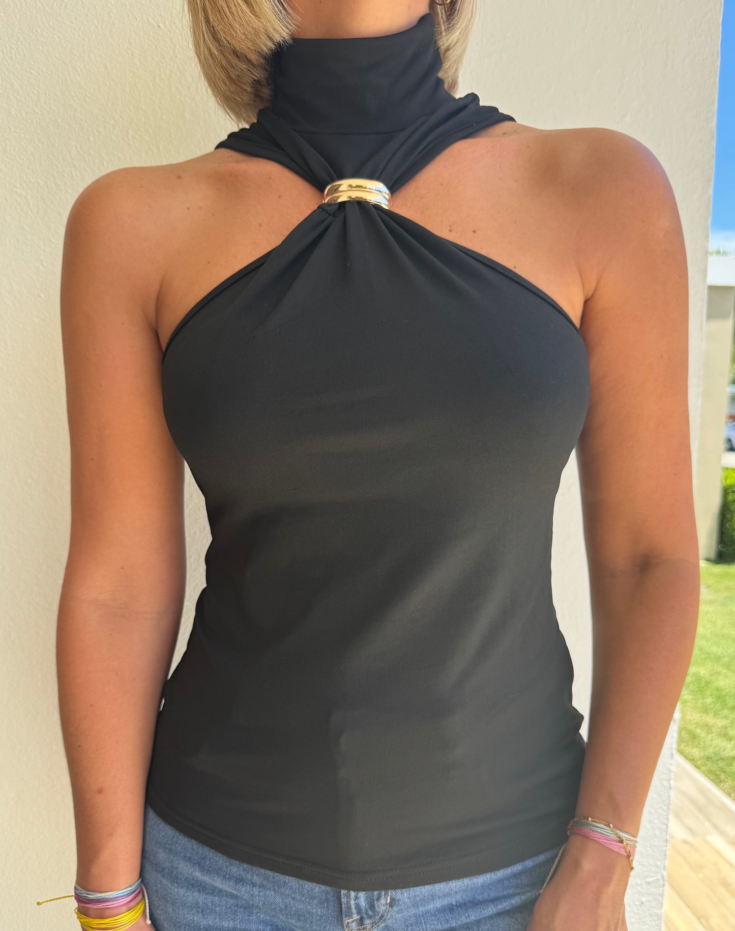 Golden Ring Detail Off Shoulder Stretch Top