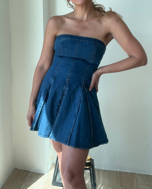 Antonella Denim Pleated Mini Dress