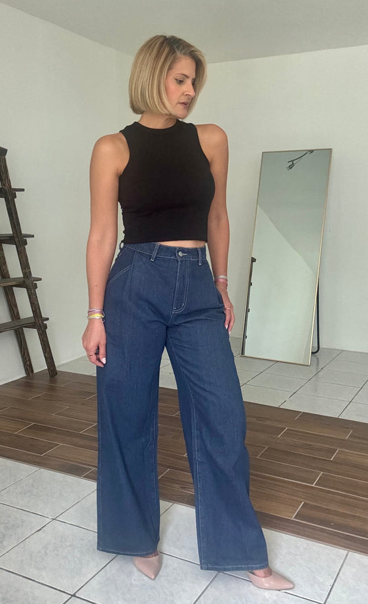 Denim Pintuck Wide Leg Jean Pants