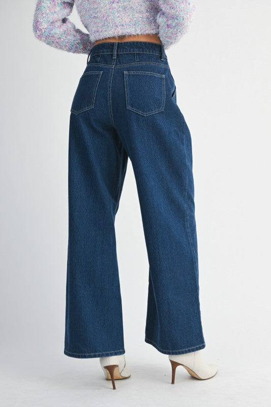 Denim Pintuck Wide Leg Jean Pants